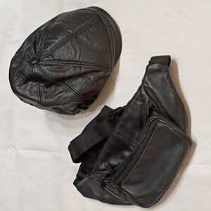 Black Leather Newsboy Cap & 3 Compartment Fanny Pack